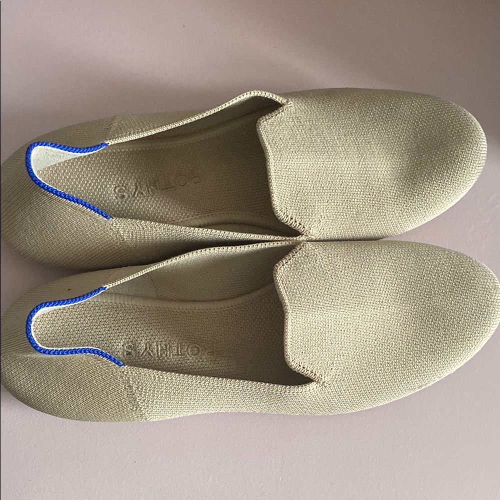 Rothy's Beige Slip-On Flats with Blue Trim
